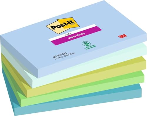 Post-it Super Sticky Notes Oasis Collection, Packung mit 5 Blöcken, 90 Blatt pro Block, 76 mm x 127 mm, Blau, Grün - Extra-stark klebende Notizzettel für Notizen, To-Do-Listen und Erinnerungen von Post-it