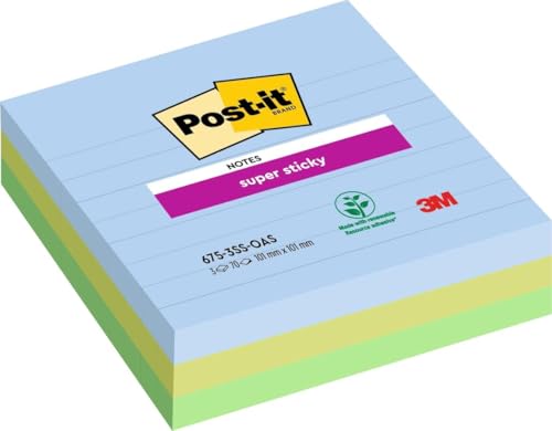 Post-it Super Sticky Large Notes Oasis Color Collection, 3 Blöcke, 70 Blatt pro Block, 101 mm x 101 mm, blau, grün – extra Haftnotizen für Notizen, To-Do-Listen und Erinnerungen von Post-it