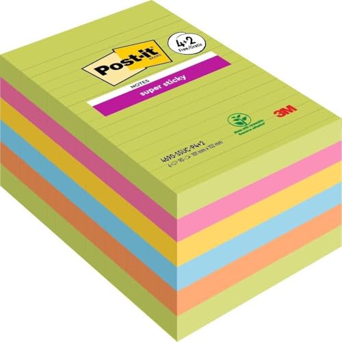 Post-it Super Sticky Notes im Großformat XL, Liniert, 6 Blöcke, 101 mm x 152 mm, 90 Blatt pro Block - Selbstklebende Notizzettel für Notizen, To-Do-Listen und Erinnerungen Post-it Super Sticky Notes im Großformat XL, Liniert, 6 Blöcke, 101 mm x 152 mm, 90 Blatt pro Block - Selbstklebende Notizzettel für Notizen, To-Do-Listen und Erinnerungen von Post-it