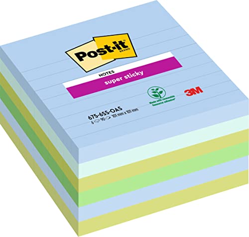 Post-it Super Sticky Large Notes Oasis Color Collection, 6 Blöcke, 90 Blatt pro Block, 101 mm x 101 mm, blau, grün – extra Haftnotizen für Notizen, To-Do-Listen und Erinnerungen von Post-it
