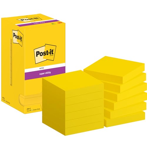 Post-it Super Sticky Notes, Packung mit 12 Blöcken, 90 Blatt pro Block, 76 mm x 76 mm, Farbe: Gelb - Extra-stark klebende Notizzettel für Notizen, To-Do-Listen und Erinnerungen von Post-it