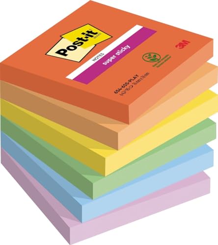 Post-it Super Sticky Notes Playful Color Collection, 6 Blöcke, 90 Blatt pro Block, 76 mm x 76 mm, rot, orange, gelb, grün, blau – extra Haftnotizen für Notizen, To-Do-Listen und Erinnerungen von Post-it