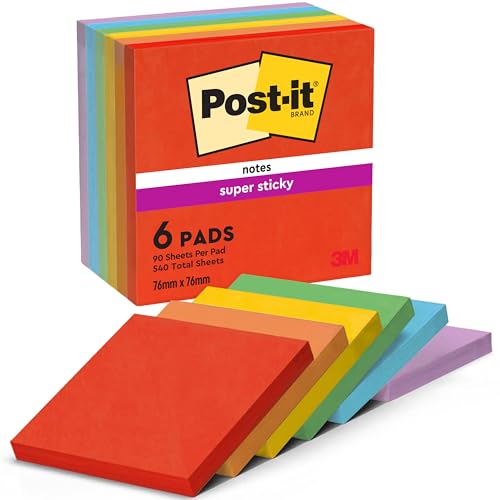 Post-it Super Sticky Notes Playful Collection, 6 Blöcken, 90 Blatt pro Block, 76 mm x 76 mm, Rot, Orange, Gelb, Grün, Blau, Violett - Extra-stark klebende Notizzettel für To-Do-Listen und Erinnerungen von Post-it