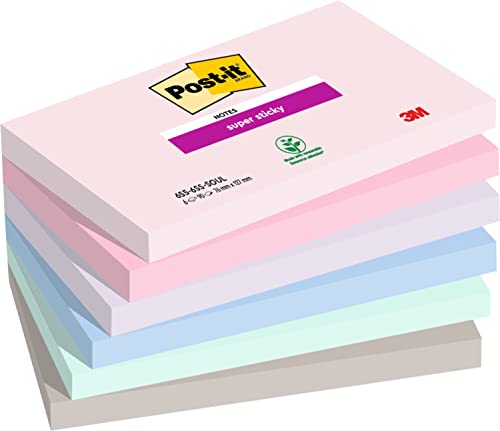 Post-it Super Sticky Notes Soulful Color Collection, 6 Blöcke, 90 Blatt pro Block, 76 mm x 127 mm, Rosa, Lila, Grün, Grau, Blau – extra Haftnotizen für Notizen, To-Do-Listen und Erinnerungen von Post-it