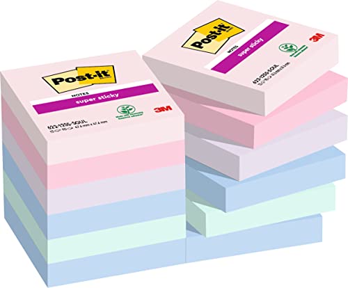 Post-it Super Sticky Notes Soulful Collection, Packung mit 12 Blöcken, 90 Blatt pro Block, 47, 6 mm x 47, 6 mm, Pink, Lila, Grün, Grau, Blau - Extra-stark klebende Notizzettel für To-Do-Listen von Post-it