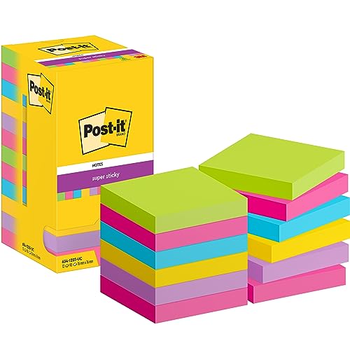 Post-it Super Sticky Notes, Farbig, Vorteilspackung mit 12 Blöcken, 90 Blatt pro Block, 76 mm x 76 mm - Extra-stark klebende Notizzettel von Post-it