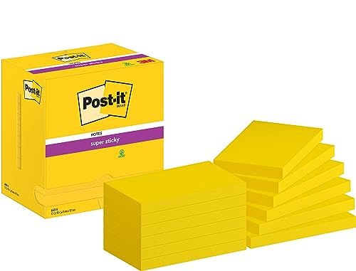 Post-it Super Sticky Notes, Packung mit 12 Blöcken, 90 Blatt pro Block, 127 mm x 76 mm, Farbe: Gelb - Extra-stark klebende Notizzettel für Notizen, To-Do-Listen und Erinnerungen von Post-it