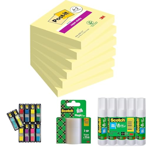 Post-it Super Sticky Notes Kanariengelb, Packung mit 6 Blöcken + Post-it Index Small Flags, Vorteilspackung mit 8 Blöcken und 2 Pfeilblöcke GRATIS, + Scotch Magic Tape + Scotch Permanent Klebestift Post-it Super Sticky Notes Kanariengelb, Packung mit 6 Blöcken + Post-it Index Small Flags, Vorteilspackung mit 8 Blöcken und 2 Pfeilblöcke GRATIS, + Scotch Magic Tape + Scotch Permanent Klebestift von Post-it