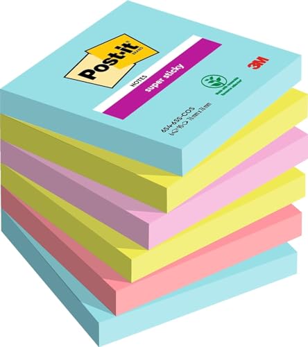 Post-it Super Sticky Notes Cosmic Collection, Packung mit 6 Blöcken, 90 Blatt pro Block, 76 mm x 76 mm, Türkis, Grün, Pink - Extra-stark klebende Notizzettel für Notizen, To-Do-Listen und Erinnerungen von Post-it