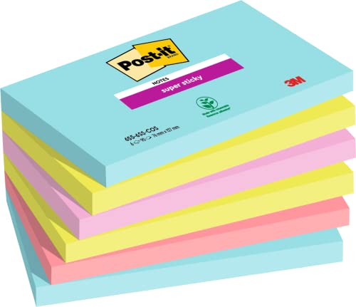 Post-it Super Sticky Notes Cosmic Collection, Packung mit 6 Blöcken, 90 Blatt pro Block, 76 mm x 127 mm, Türkis, Grün, Pink - Extra-stark klebende Notizzettel für Notizen von Post-it