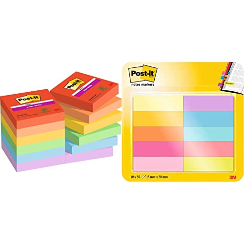 Post-it Super Sticky Notes Playful Collection, Packung mit 12 Blöcken, 90 Blatt pro Block, 47, 6 mm x 47, 6 mm, Rot, Orange, Gelb, Grün, Blau, Lila & Notes Marker, 10 Blöcken, 50 Marker pro Block von Post-it