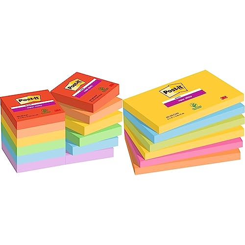 Post-it Super Sticky Notes Playful Collection, Packung mit 12 Blöcken, 90 Blatt pro Block, 47, 6 mm x 47, 6 mm & Super Sticky Notes Carnival Collection, Packung mit 6 Blöcken, 76 mm x 127 mm von Post-it