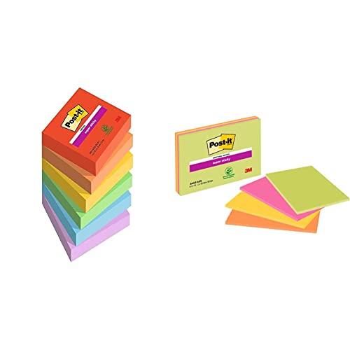 Post-it Super Sticky Notes Playful Color Collection, 6 Blöcke, 76 mm x 76 mm & Post-it Super Sticky Large Notes, Packung mit 4 Blöcken, 45 Blatt pro Block, 152 mm x 101 mm, Grün, Gelb, Orange, Pink von 3M