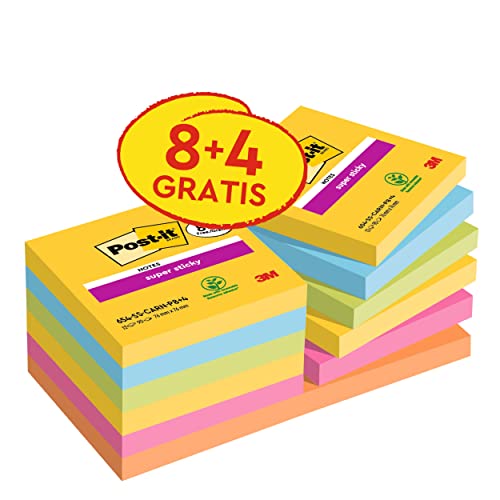 Post-it Super Sticky Notes Carnival Collection, Vorteilspackung mit 8 Blöcken + 4 Gratisblöcke, 90 Blatt pro Block, 76 mm x 76 mm, Gelb, Blau. Grün, Pink. Orange - Extra-stark klebende Notizzettel von Post-it