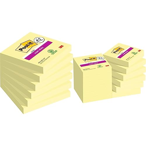 Post-it Super Sticky Notes Promotion, Gelb, 76 mm x 76 mm, 6 Blöcke à 90 Blatt zum Vorteilspreis & Super Sticky Notes, Packung mit 12 Blöcken, 90 Blatt pro Block, 47,6 mm x 47,6 mm, Farbe: Gelb von Post-it