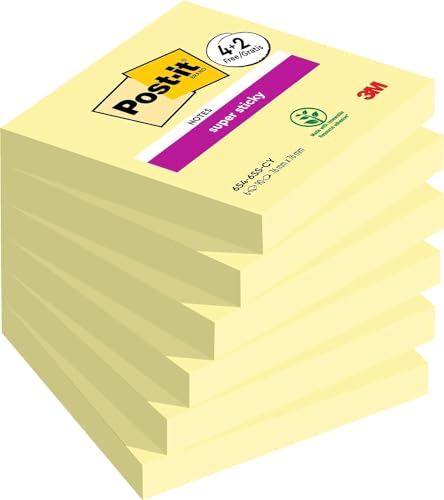 Post-it Super Sticky Notes Kanariengelb, Packung mit 6 Blöcken, 90 Blatt pro Block, 76 mm x 76 mm, Farbe: Gelb - Extra-stark klebende Notizzettel für Notizen, To-Do-Listen und Erinnerungen von Post-it