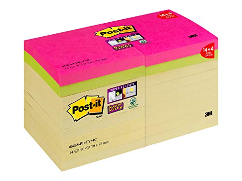 Post-it Super Sticky Notes Promotion 654SS-P14CY+4C – Selbstklebende Haftnotizzettel in 76 x 76 mm – 18 Notizblöcke quadratisch à 90 Blatt in Gelb von Post-it