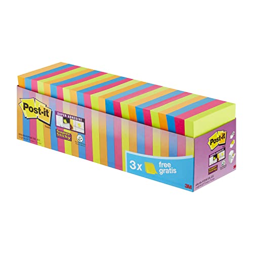 Post-it "Super Sticky Notes Promotion" selbstklebende Haftnotizzettel in 76 x 76 mm – 24 Notizblöcke quadratisch à 90 Blatt in Neon Orange & Grün, Ultra Pink & Blau von Post-it