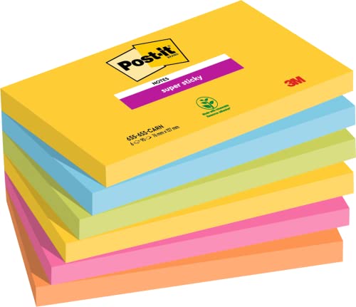 Post-it Super Sticky Notes Carnival Collection, Packung mit 6 Blöcken, 90 Blatt pro Block, 76 mm x 127 mm, Gelb, Blau, Grün, Pink - Extra-stark klebende Notizzettel für To-Do-Listen und Erinnerungen von Post-it