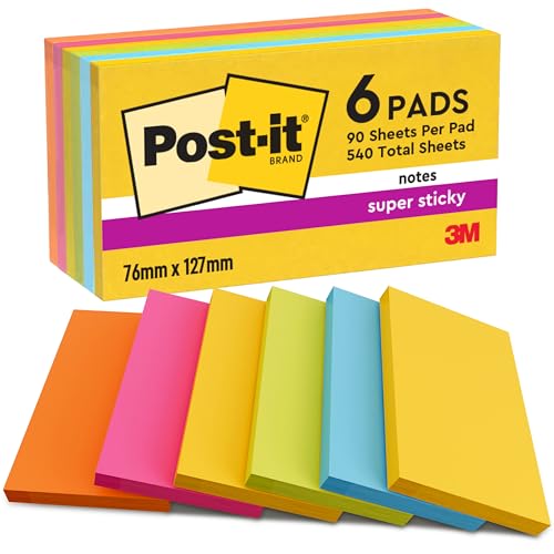 Post-it Super Sticky Notes Carnival Collection, Packung mit 6 Blöcken, 90 Blatt pro Block, 76 mm x 127 mm, Gelb, Blau, Grün, Pink - Extra-stark klebende Notizzettel für To-Do-Listen und Erinnerungen von Post-it