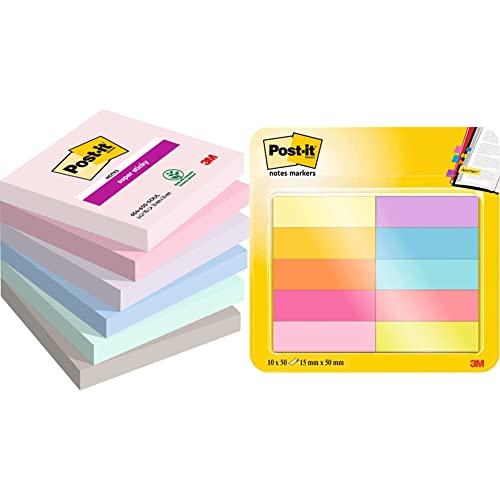 Post-it Super Sticky Notes Soulful Collection, Packung mit 6 Blöcken, 90 Blatt pro Block, 76 mm x 76 mm & Notes Marker, Packung mit 10 Blöcken, 50 Marker pro Block, 12, 7 mm x 44, 4 mm von Post-it