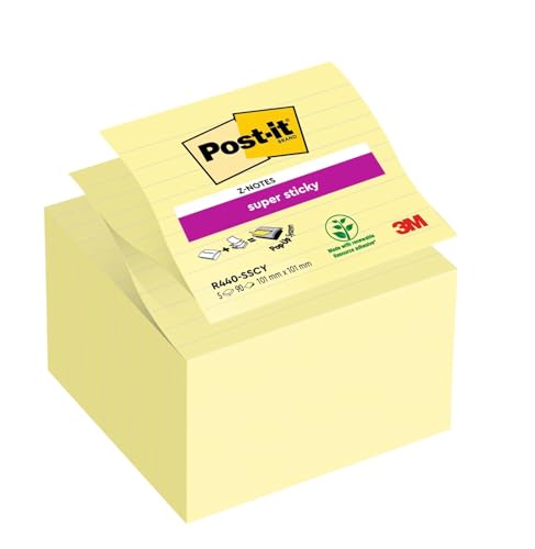 Post-It Super Sticky Z-Notes Im Großformat, Gelb, Liniert, 101 mm x 101 mm, 90 Blatt/Block, 5 Blöcke/Packung von Post-it