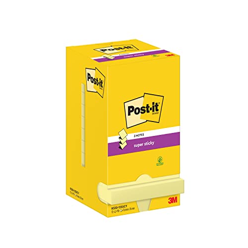 Post-it Super Sticky Z-Notes Gelb, Vorteilspackung mit 12 Blöcken, 90 Blatt pro Block, 76 mm x 76 mm - Für Notizen, To-Do-Listen & Erinnerungen von Post-it