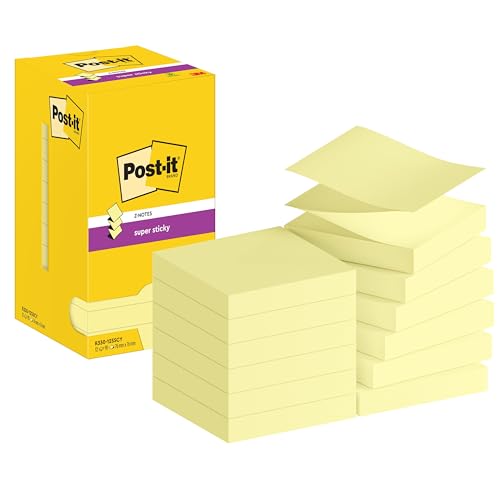 Post-it Super Sticky Z-Notes Gelb, Vorteilspackung mit 12 Blöcken, 90 Blatt pro Block, 76 mm x 76 mm - Für Notizen, To-Do-Listen & Erinnerungen von Post-it