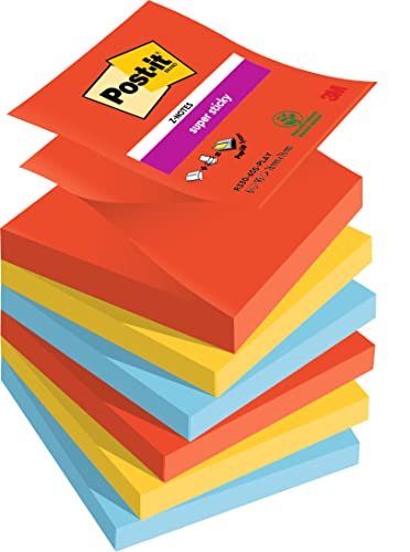 Post-it Super Sticky Z-Notes Playful Collection, Packung mit 6 Blöcken, 90 Blatt pro Block, 76 mm x 76 mm, Rot, Gelb, Blau - Extra-stark klebende Notizzettel für Notizen, To-Do-Listen und Erinnerungen von Post-it