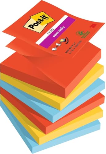 Post-it Super Sticky Z-Notes Playful Collection, Packung mit 6 Blöcken, 90 Blatt pro Block, 76 mm x 76 mm, Rot, Gelb, Blau - Extra-stark klebende Notizzettel für Notizen, To-Do-Listen und Erinnerungen von Post-it