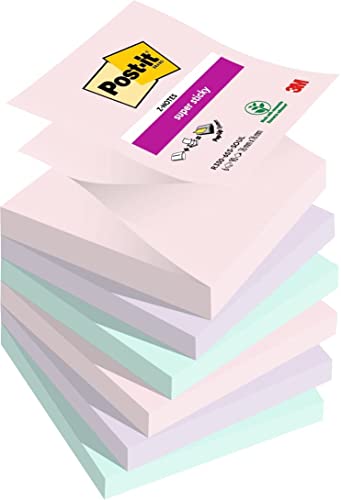 Post-it Super Sticky Z-Notes Soulful Collection, Packung mit 6 Blöcken, 90 Blatt pro Block, 76 mm x 76 mm, Pink, Lila, Grün - Extra-stark klebende Notizzettel für Notizen, To-Do-Listen & Erinnerungen von Post-it