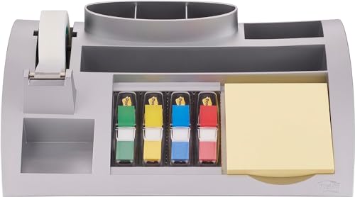 Post-it C50 Tisch-Organizer silber-metallic – Schreibtisch Organizer mit 7 Fächern inkl. Post it Haftnotizen, 4-farbigen Post-it Index Haftstreifen & Scotch Klebeband von Post-it