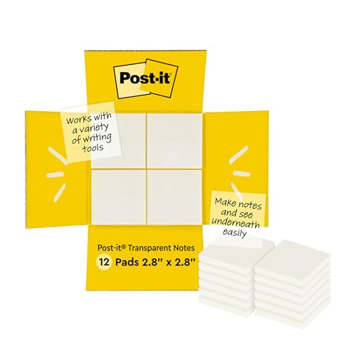 Post-it Transparent Notes, 12 Blöcke, 36 Blätter pro Block, 73 mm x 73 mm, Durchsichtig - Repositionierbare Haftnotizen für Studenten, Für Notizen in Büchern beim Lernen von Post-it