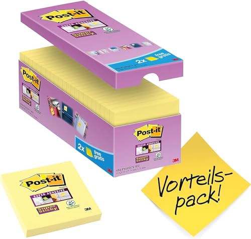 Post-it Super Sticky Notes Kanariengelb, Vorteilspackung, 14 Blöcken + 2 Gratisblöcke, 90 Blatt pro Block, 76 mm x 76 mm, Gelb - Extra-stark klebende Notizzettel für To-Do-Listen und Erinnerungen von Post-it