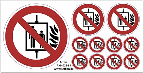 Aufkleber"Aufzug im Brandfall nicht benutzen", DIN ISO 7010, Premiumqualität Set (1x100 mm, 2x 50mm, 8x25 mm) von Poster38