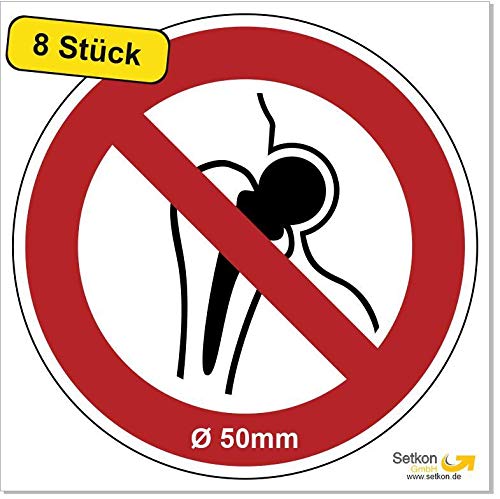 Aufkleber "Keine Implantate aus Metall" DIN ISO 7010, Premiumqualität Ø 50 mm (8 Stück) von Poster38