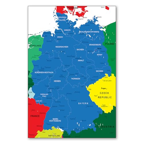 Postereck - 0938 - Politische Karte, Deutschland Bundesländer Bunt - Unterricht Klassenzimmer Schule Wandposter Fotoposter Bilder Wandbild Wandbilder - Poster - DIN A4-21,0 cm x 29,7 cm von Postereck