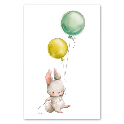 Postereck - 3618 - Süßer Hase mit Ballon Poster Kinderzimmer | Hase mit Luftballons |Kinderzimmer Deko für Jungen und Mädchen | Hasen Kinderbild Wandposter - Poster - DIN A4-21,0 cm x 29,7 cm von Postereck