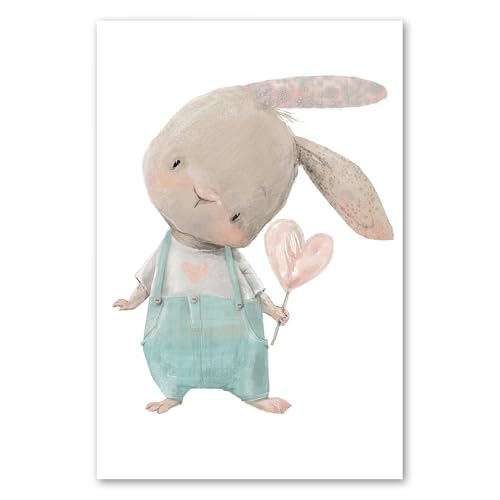 Postereck - 3639 - Süßer Hase mit Lolli Poster Kinderzimmer | Hase mit Herzlolli |Kinderzimmer Deko für Jungen und Mädchen | Hasen Kinderbild Wandposter - Poster - 3:2-91,0 cm x 61,0 cm von Postereck