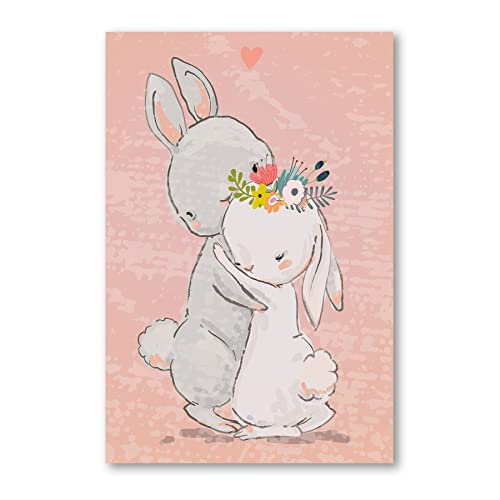 Postereck - 3946 - Süße Hasen mit Blumen Poster Kinderzimmer | Hasen mit Blumen kuscheln |Kinderzimmer Deko für Jungen und Mädchen | Hasen Kinderbild Wandposter - Poster - 3:2-61,0 cm x 40,5 cm von Postereck
