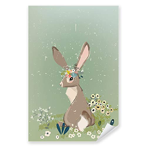 Postereck - 3982 - Süßer Hase sitzt im Regen Poster Kinderzimmer | Hase sitzt im Regen mit Blumen | Kinderzimmer Deko | Hasen Kinderbild Wandposter - Poster - 3:2-61,0 cm x 40,5 cm von Postereck