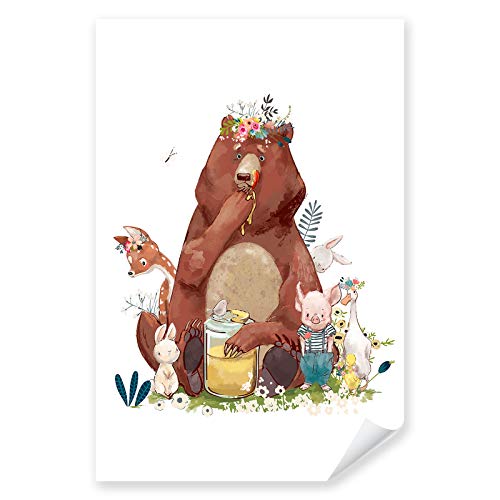 Postereck - 4057 - Süße Tiere mit Blumen Poster Kinderzimmer | Hase, Bär, Reh, Schwein & Ente | Kinderzimmer Deko | Hasen Kinderbild Wandposter - Poster - 4:3-81,0 cm x 61,0 cm von Postereck