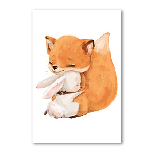 Postereck - 4066 - Süßee Hase mit Fuchs Poster Kinderzimmer | Hase kuschelt mit Fuchs | Kinderzimmer Deko für Jungen und Mädchen | Hasen Kinderbild Wandposter - Poster - 3:2-30,0 cm x 20,0 cm von Postereck