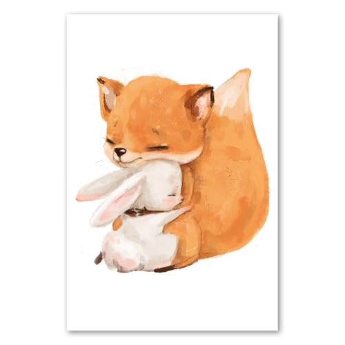 Postereck - 4066 - Süßee Hase mit Fuchs Poster Kinderzimmer | Hase kuschelt mit Fuchs | Kinderzimmer Deko für Jungen und Mädchen | Hasen Kinderbild Wandposter - Poster - 3:2-30,0 cm x 20,0 cm von Postereck