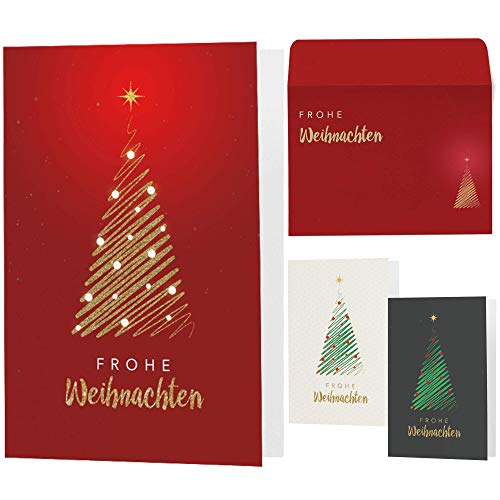 15 moderne Weihnachtskarten mit Umschlägen - Klappkarten mit Sprüchen & Rezepten für Weihnachten - Weihnachtskarte Set für Familie, Freunde oder Kunden (rot-gold) von Postkartenschmiede