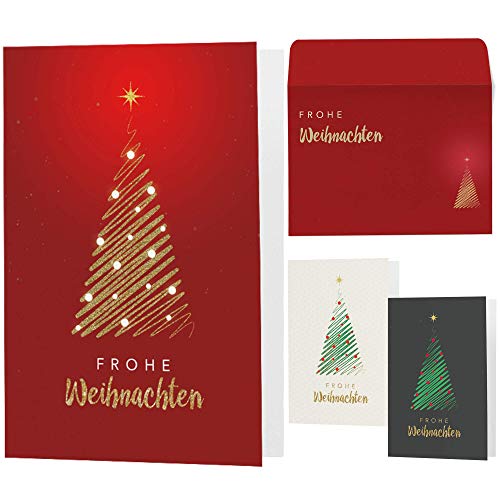 15 moderne Weihnachtskarten mit Umschlägen - Klappkarten mit Sprüchen & Rezepten für Weihnachten - Weihnachtskarte Set für Familie, Freunde oder Kunden (rot-gold) von Postkartenschmiede