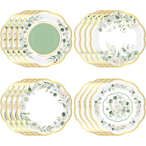 Potchen 48 Stück Salbeigrün Pappteller 22,9 cm Eukalyptus Blume Einweg-Partydekorationen Goldrand Teller Teeparty-Dekor für rosa Grün Hochzeit Brautdusche Babyparty Geburtstag von Potchen