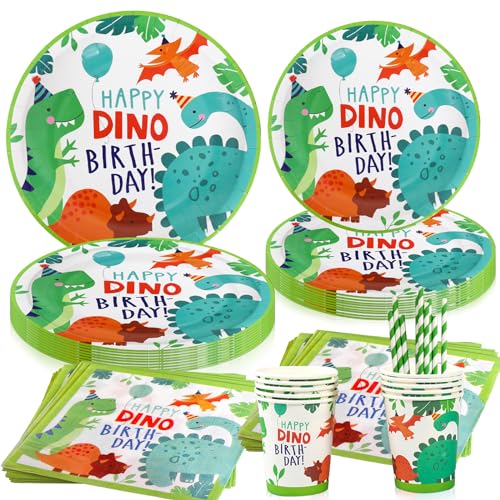 Dino Geburtstag deko Set, 60 Stück Dinosaurier deko Kindergeburtstag Set, Geburtstag Dinosaurier Teller Becher Servietten, Stroh für Kindergeburtstag, Party Deko, Serviert 10 Gäste von PousXiyor