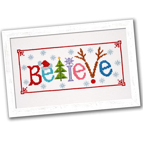 Kreuzstich-Set "Believe" – Stickset für die Feiertage, Ermutigung oder inspirierende Alltagsmöglichkeiten mit Weihnachtsbaum, Schneeflocke, Hirsch und Nikolausmütze von Povitrulya
