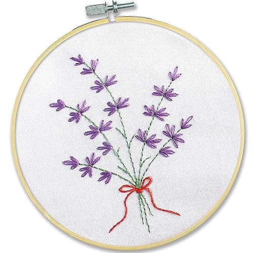 Povitrulya Stickset für Anfänger Lavendel - lustiges Starter-Set für Handstickerei mit geprägtem Muster, vorsortierter Zahnseide und Bambusreifen - für Erwachsene und Kinder von Povitrulya